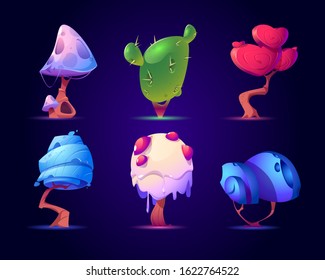 Fantasy mushrooms or alien trees set. Magic unusual nature elements for computer game, fairy tale book isolated on blue background. Beautiful strange plants Cartoon vector illustration, icon, clip art