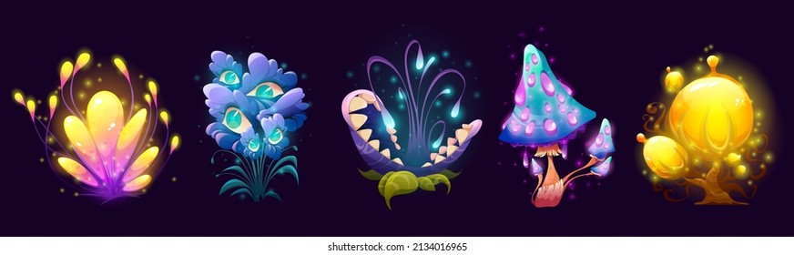 Fantasy mushrooms, flowers and trees, alien planet or magic game plants isolated set. Unusual nature elements, fairy tale or extraterrestrial strange flora or fauna assets. Cartoon vector illustration - Shutterstock ID 2134016965