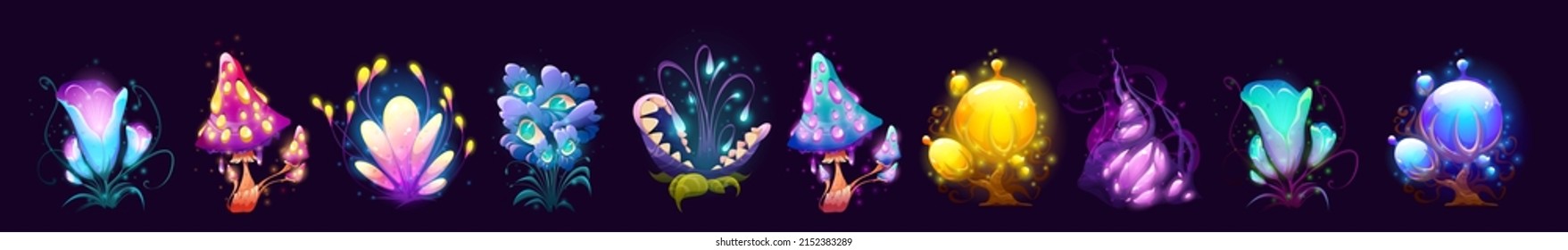 Fantasy mushrooms, flowers and trees, alien planet or magic game plants isolated set. Unusual nature flora or fauna assets, strange fairy tale or extraterrestrial elements, Cartoon vector illustration - Shutterstock ID 2152383289