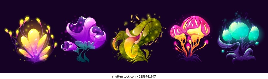 Fantasy mushrooms, flowers and trees, alien planet or magic game plants isolated set. Unusual nature flora or fauna assets, strange fairy tale or extraterrestrial elements, Cartoon vector illustration