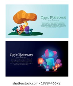 Fantasy mushrooms forest night and day backgrounds, flat vector illustration. Set web banners or game layouts with fabulous fungi plants in bright colors.