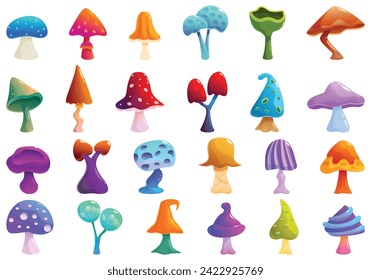 Fantasy mushrooms icons set cartoon vector. Magic fungi. Amanita user