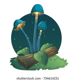 Fantasy mushrooms with light, leaves and grass. Vector illustration