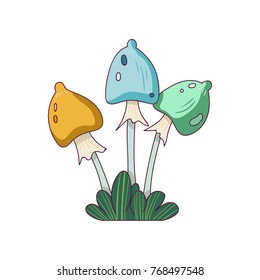 Fantasy mushrooms in line style. Colorful fairy plant from wonderland. Magic nature element. Hand drawn vector design for postcard, sticker or print