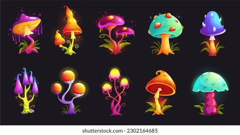 Fantasy mushrooms. Magic fungus, hallucinogenic neon fluorescent mushroom and alien forest fungi cartoon vector illustration set of magic fungus and psychedelic mushroom