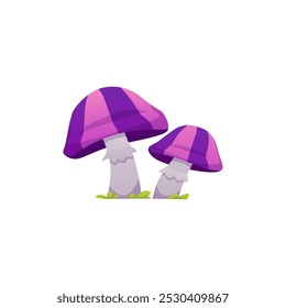 Fantasy mushrooms with purple striped cap vector icon. Cartoon couple of magic fungi. Fairy nature fungus gui design element. Wizard game plant props isolated