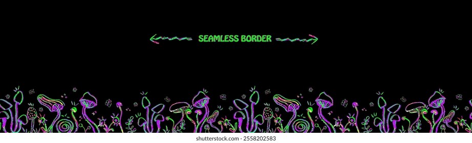 Fantasy mushrooms seamless border. Line art funny floral elements, butterfly. Mushroom sketch wallpaper in 1960s,1970s style in neon green and pink. Vector groovy background drawn by crayon pencil.
