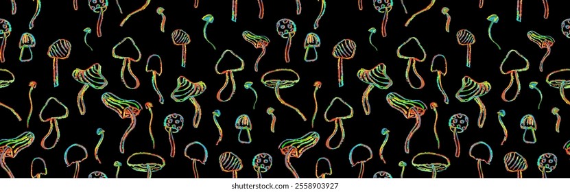 Fantasy mushrooms seamless pattern. Line art funny floral elements. Mushroom sketch wallpaper in 1960s or 1970s style in neon green and orange. Vector groovy background drawn by crayon pencil