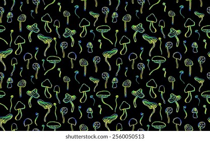 Fantasy mushrooms seamless pattern. Line art funny floral elements. Mushroom sketch wallpaper in 1960s or 1970s style in neon green and yellow. Vector groovy background drawn by crayon pencil