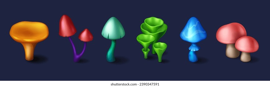 Fantasy mushrooms set isolated on background. Vector cartoon illustration of magic fungi in neon blue, green, yellow, red, turquoise colors, fairytale forest design elements for game user interface