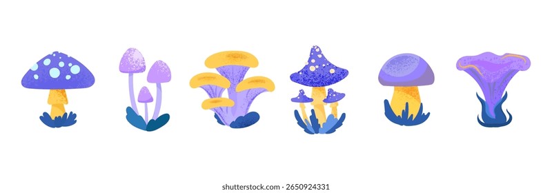 Fantasy Mushrooms set Vector Illustration. Collection of whimsical mushrooms with texture in flat style, ideal for children’s designs, prints, icons, design element, packaging