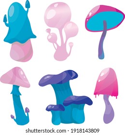 Fantasy mushrooms vector set in cartoon style on light background. Fantastic cartoon colorful illustration on light backdrop. Magic concept mushrooms. Collection game art elements. 