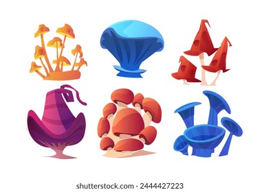 Fantasy mushrooms vector set. Cartoon magic fungi of unusual shapes with bizarre stipes and odd caps. Fairy nature gui design element, game plant isolated. Beautiful strange alien plant