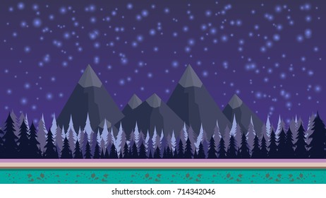 Fantasy mysterious seamless background for mobile game, layered. With mountains and fores on background and stars shining at the sky.