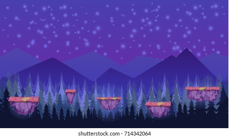 Fantasy mysterious seamless background for mobile game, layered. With mountains and fores on background and stars shining at the sky.