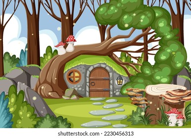 Fantasy mystery house in the forest illustration