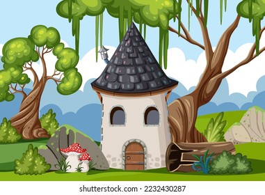 Fantasy mystery house in the forest illustration