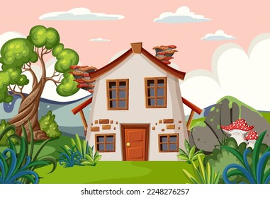 Fantasy mystery house in the forest illustration
