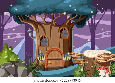 Fantasy mystery house in the forest illustration