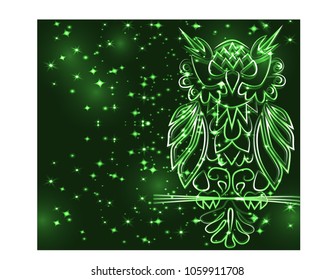 Fantasy mystical owl, neon color, psychedelic vintage style. Isolated pattern. Cartoon character ornament bird decorative element. Vector hand drawn bohemian background.