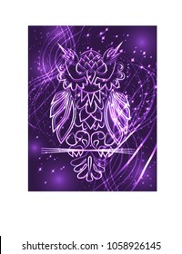 Fantasy mystical purple owl, neon color, psychedelic vintage style. Isolated pattern. Cartoon character ornament bird decorative element. Vector hand drawn bohemian background.