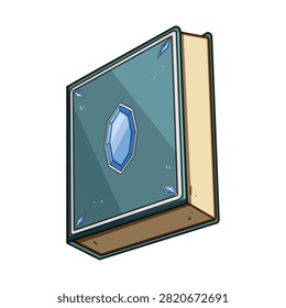 Fantasy mystical spellbook featuring a prominent blue gem on its cover, symbolizing magical powers, esoteric wisdom, and ancient lore, with smaller gems adorning the corners