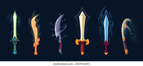 Fantasiemystische Schwerter, Blades-Set. Karikatur beschädigt realistische Ritter Schwerter, ui Gaming Objekte, Elemente Attribute. Vektorgrafik-realistisches Blade-Set