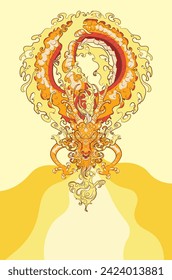 Fantasy mythical animal orange fire dragon illustration.