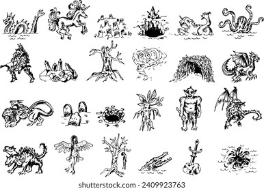 Fantasy mythical monsters cartography map elements, vector, drawing symbols, line art illustration
