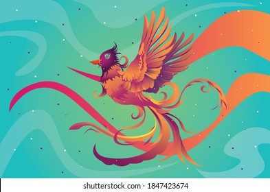 Fantasy mythological bird, phoenix with long tail feathers. 
