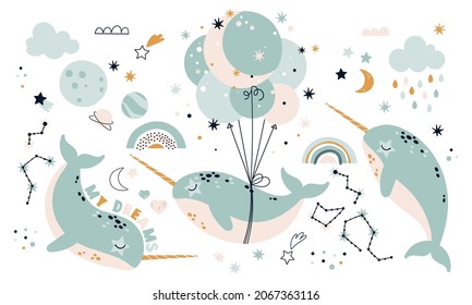 Fantasy Narwhals with stars and rainbows. A set of elements for children's design