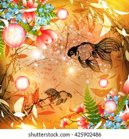 Fantasy Nature Abstract Background With Fish and Flowers