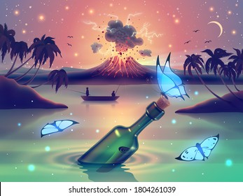 Fantasy nature landscape with blue neon glowing butterflies against magic lake, river or sea and erupting volcano on island, palm trees silhouette and starry sky in vector.