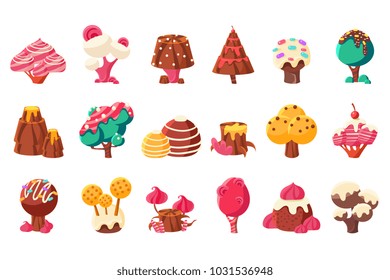 Fantasy nature landscape elements, sweet candy land vector Illustrations on a white background