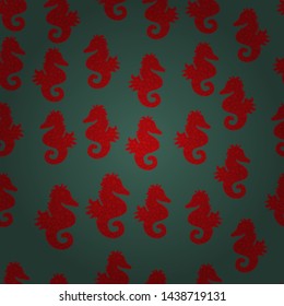 Fantasy nice illustration. Abstract seamless pattern for boys, girls, clothes, wallpaper. Vector. Hippocampus watercolor illustration on brown, green and red background.