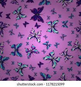 Fantasy nice illustration. Vector illustration. Pictures in pink, violet and blue colors. Beautiful butterflies flying in the floral jungle design for book pages. Seamless colorfil pattern.