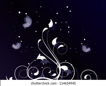 Fantasy night abstract background with flowers,swirls and other floral ornamental  elements and butterfly