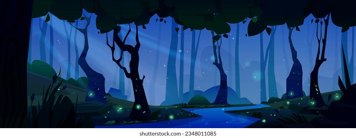 Fantasy night forest cartoon vector background. Mystery fairytale woodland environment with flying glow fireflies, river shore and moonlight beam. Lush trunk on coast and green glowworm picture