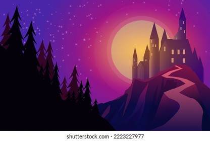 Fantasy night illustration with castle on the full moon vector landscape