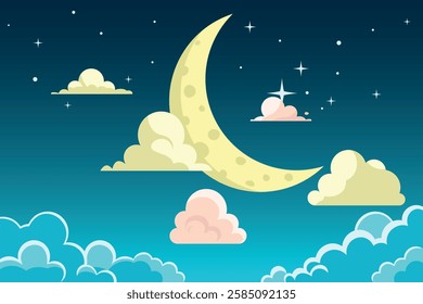 Fantasy night illustration: a crescent moon, stars and clouds in a blue sky.