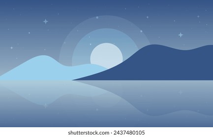 Fantasy night light landscape with mountain and sea reflection