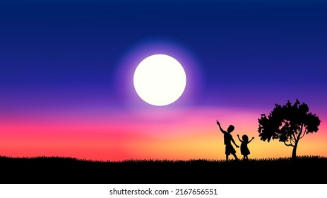 Fantasy-Nachthintergrund mit Kindern, die auf den Mond schauen