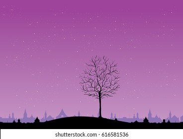 Fantasy night over valley and old city with leafless three on the hill in front
vector nature illustration