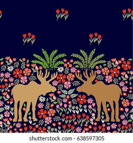 Fantasy night park. Art Nouveau border with elks, bushes and wildflowers on black background. Vintage motifs.