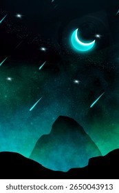 Fundo do céu noturno da fantasia com lua crescente brilhante, silhuetas de montanha e estrelas caindo. Cena de sonho atmosférica ideal para capas de storybook, desenhos de papel de parede, cartazes místicos, arte digital.