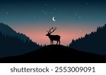 Fantasy night sky illustration with silhouette of an elk