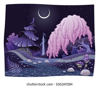 Fantasy nightly landscape on the riverside. Vector illustration.