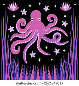 Polvo Fantasia em Cena de Noite Floral, Polvo Cor Estilizado Rosa cercado por flores, algas marinhas e estrelas-do-mar em fundo preto, ilustração vetorial. Charme subaquático.