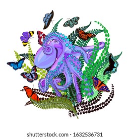 fantasy octopus flying with butterflies, dream, vector illustration