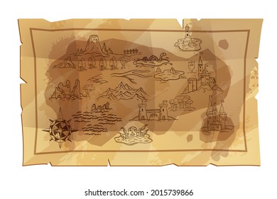 Fantasía vieja ilustración del vector mapa, cartografía de viajes papel antiguo, pergamino marrón vintage sobre blanco. Aventura medieval, tesoro, papiro, rosa de viento, boceto de doodle. Mapa antiguo de cuento de hadas 